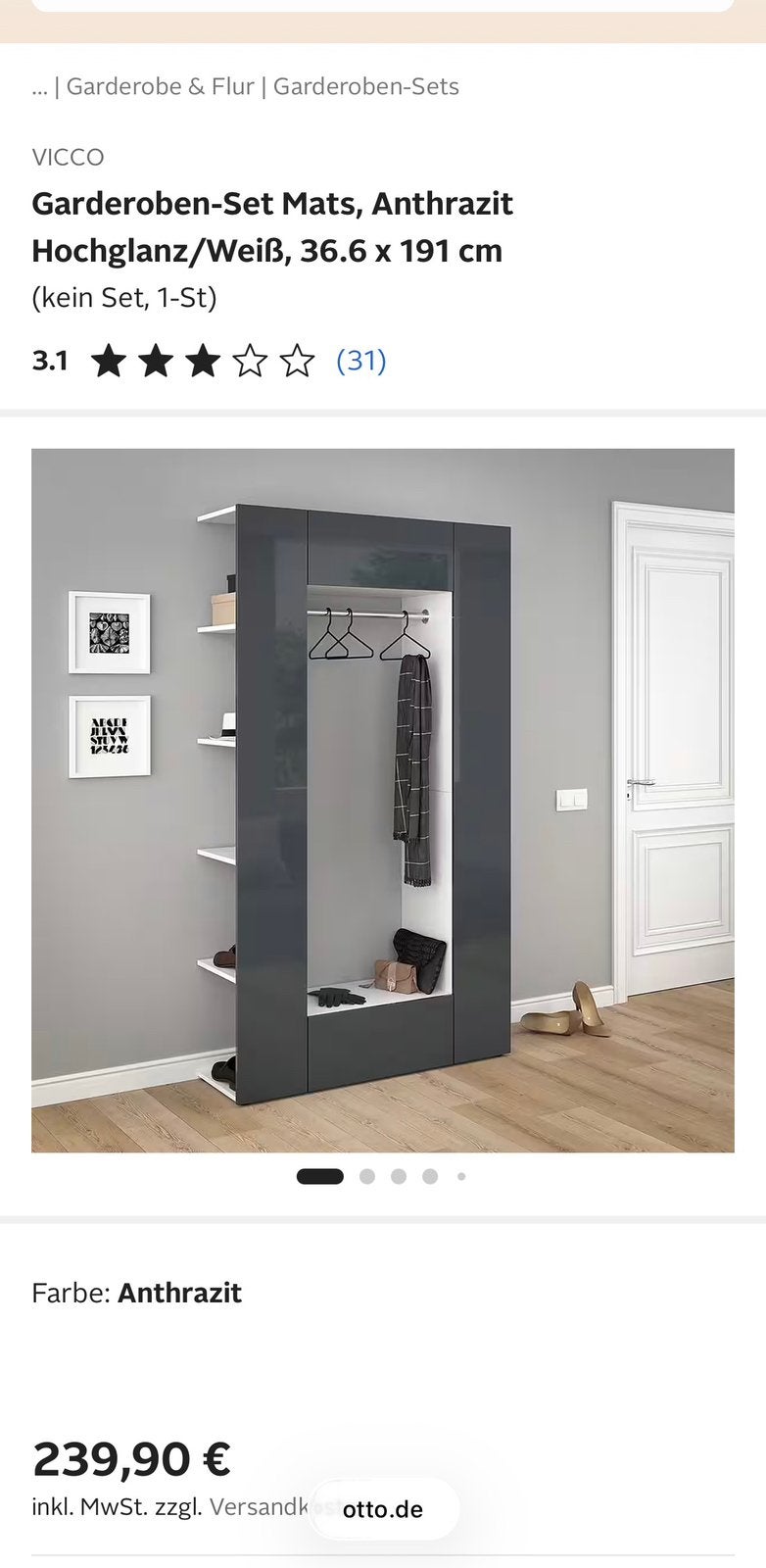 Garderobe kast Mats antraciet wit 191 x 36.6 cm, Ophalen, 100 tot 150 cm, Zo goed als nieuw, Modern