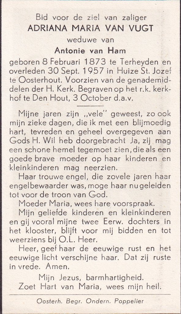 Vugt Adriana 1873 Terheyden 1957 Oosterhout, Ophalen of Verzenden, Bidprentje