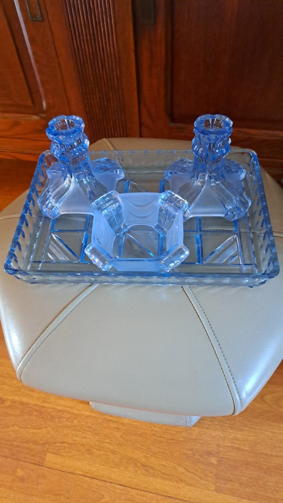 prachtig blauw glas setje 2 kaarsen en schaaltje, Antiek en Kunst, Ophalen of Verzenden