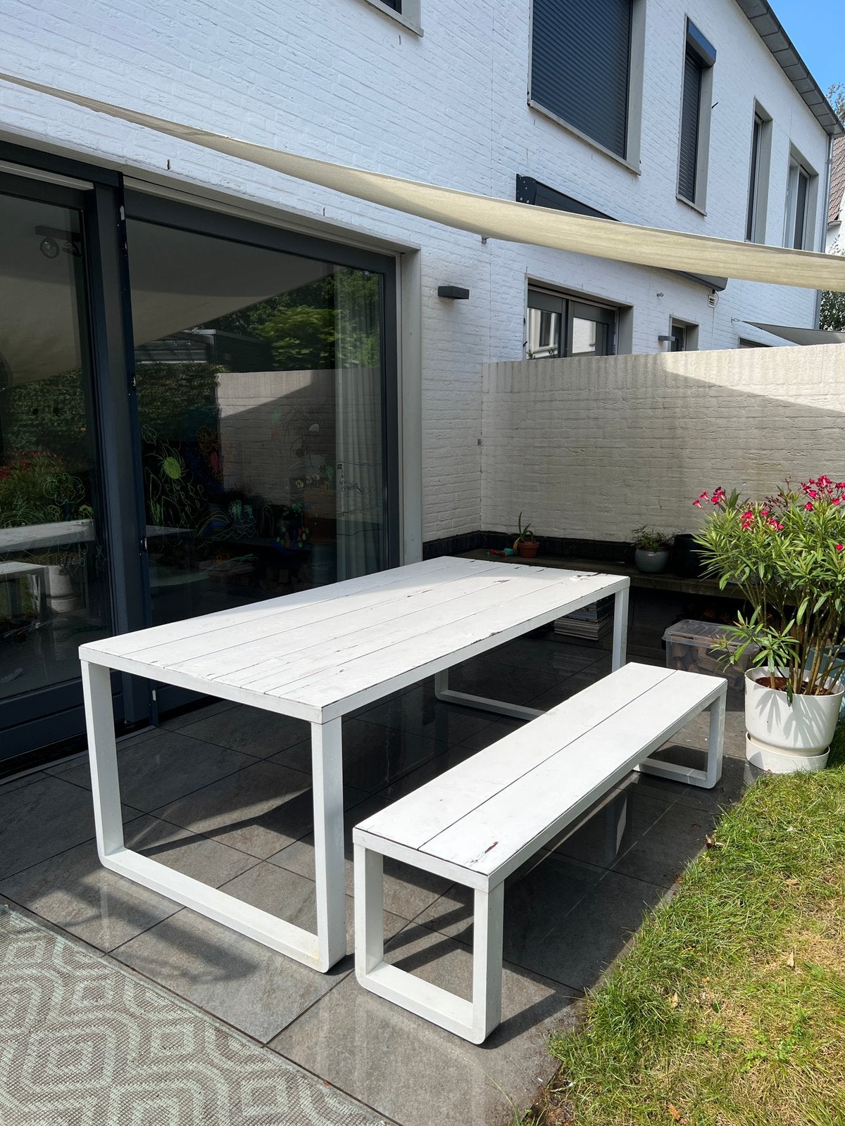 Tuin tafel en bankje wit, Ophalen, Gebruikt, Rechthoekig, Aluminium
