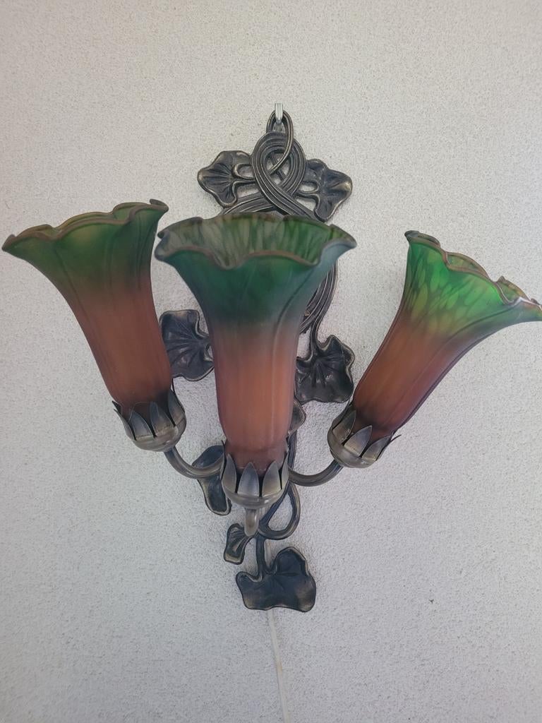 3 Jugendstil stijl lampen wandlamp schemerlamp glazen kap, Ophalen, Zo goed als nieuw, Glas