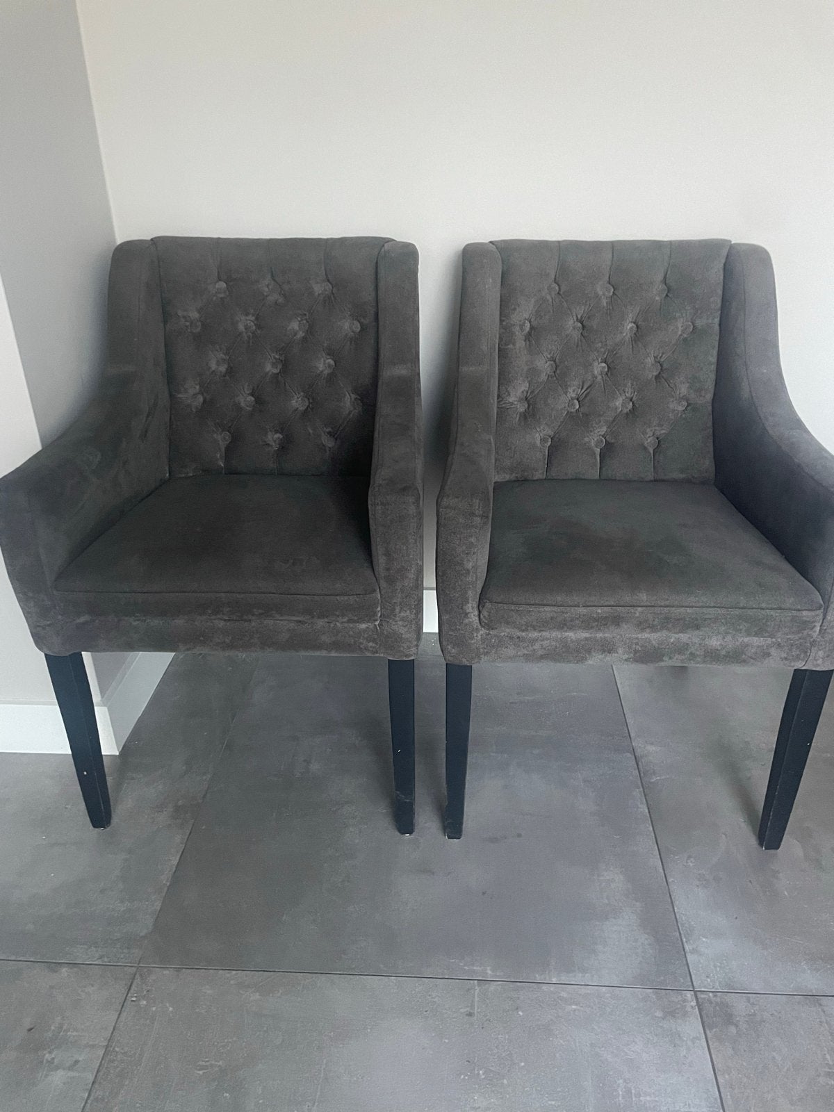 6 grijze eetkamerstoelen met gecapitonneerde rugleuning, Gebruikt, Ophalen of Verzenden, Vijf, Zes of meer stoelen, Stof
