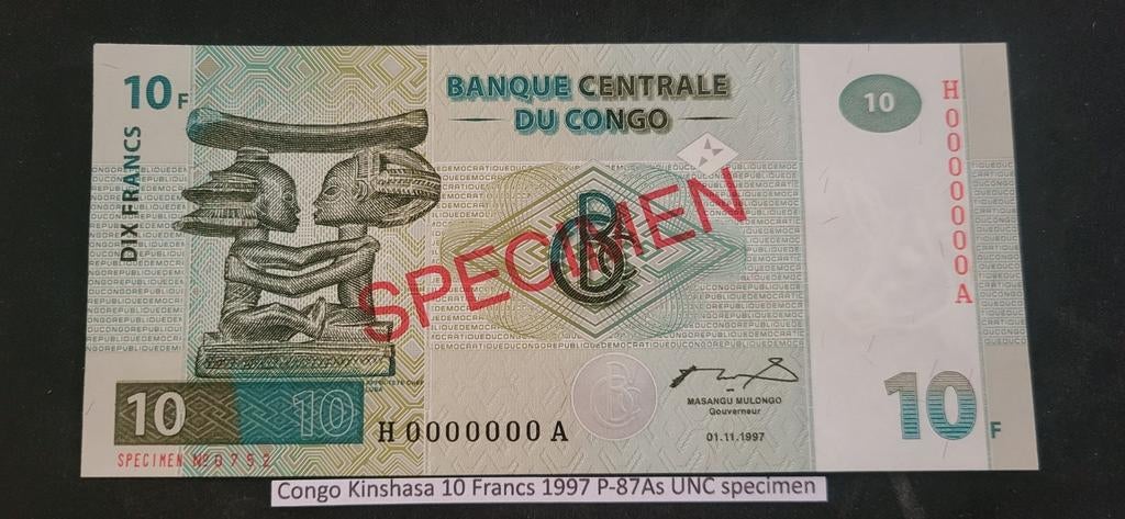 Congo Kinshasa 10 Francs 1997 P-87As UNC Specimen, Postzegels en Munten, Bankbiljetten | Azië, Ophalen of Verzenden