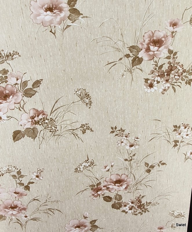 12640 Vintage bloemenbehang met oudroze bloemen swiet, Ophalen of Verzenden, Beige
