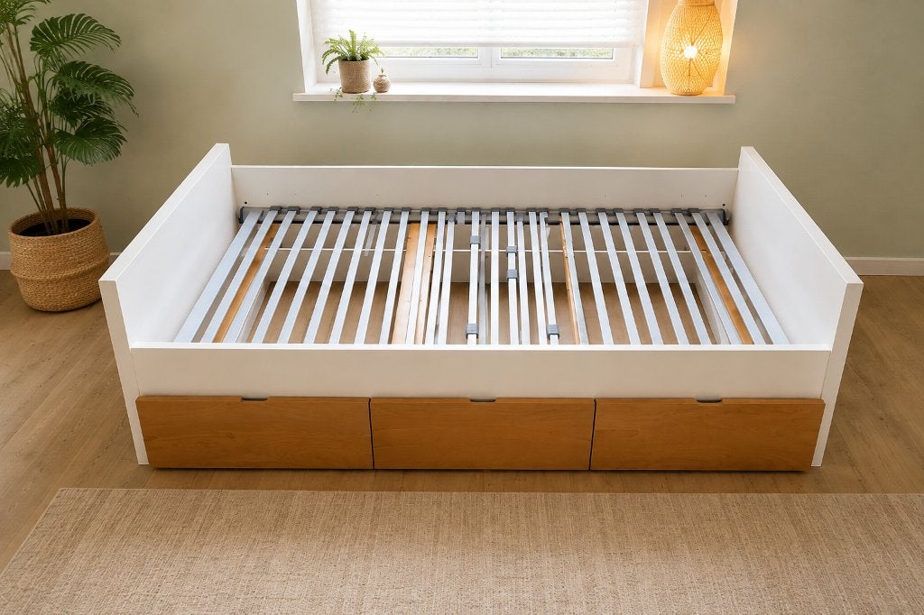 Eenpersoonsbed 90x200 cm met opberglades, Ophalen, 90 cm, Eenpersoons, Wit