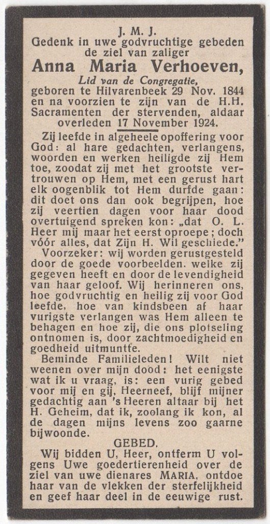 Anna Maria Verhoeven 1844 Hilvarenbeek + 1924 aldaar, 79 jr, Verzamelen, Bidprentjes en Rouwkaarten, Verzenden