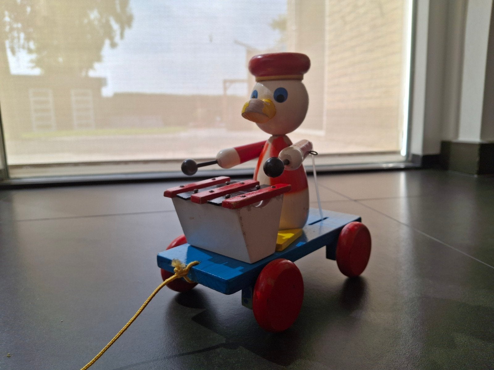 Vintage houten trekfiguur eend met xylofoon, Ophalen of Verzenden, Gebruikt, Duw- of Trekspeelgoed