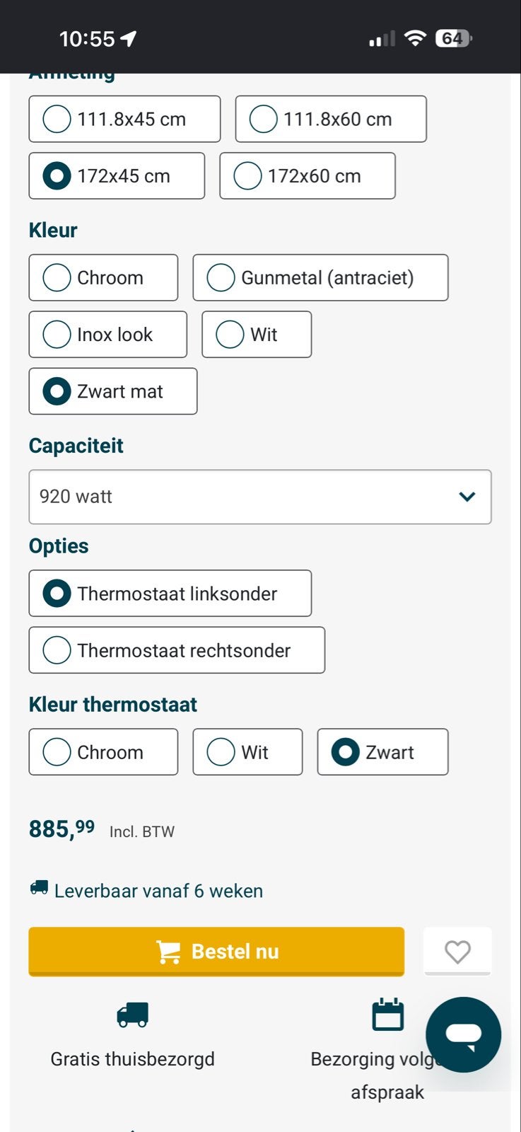 Sanicare Elektrische Handdoekradiator 172x45cm Zwart Mat, Ophalen, Radiator, Nieuw, Minder dan 60 cm