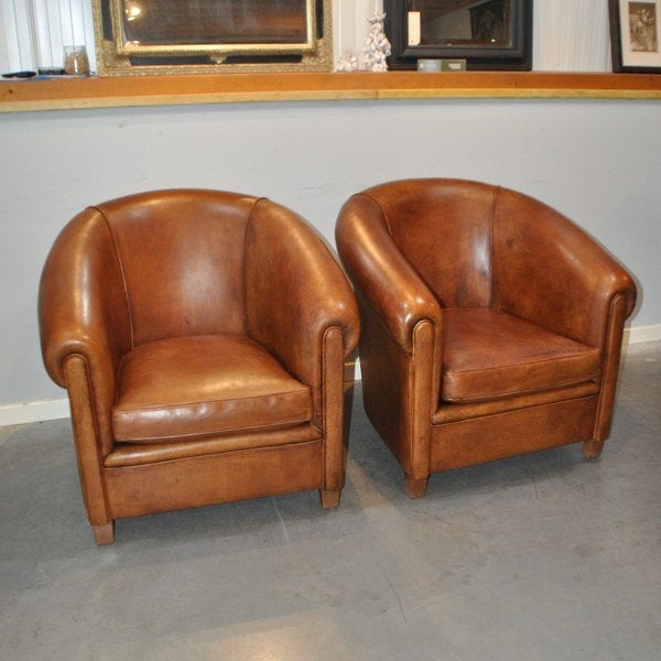 Set schapenlederen clubfauteuils model York, Huis en Inrichting, Ophalen of Verzenden, Gebruikt, Leer, Minder dan 50 cm