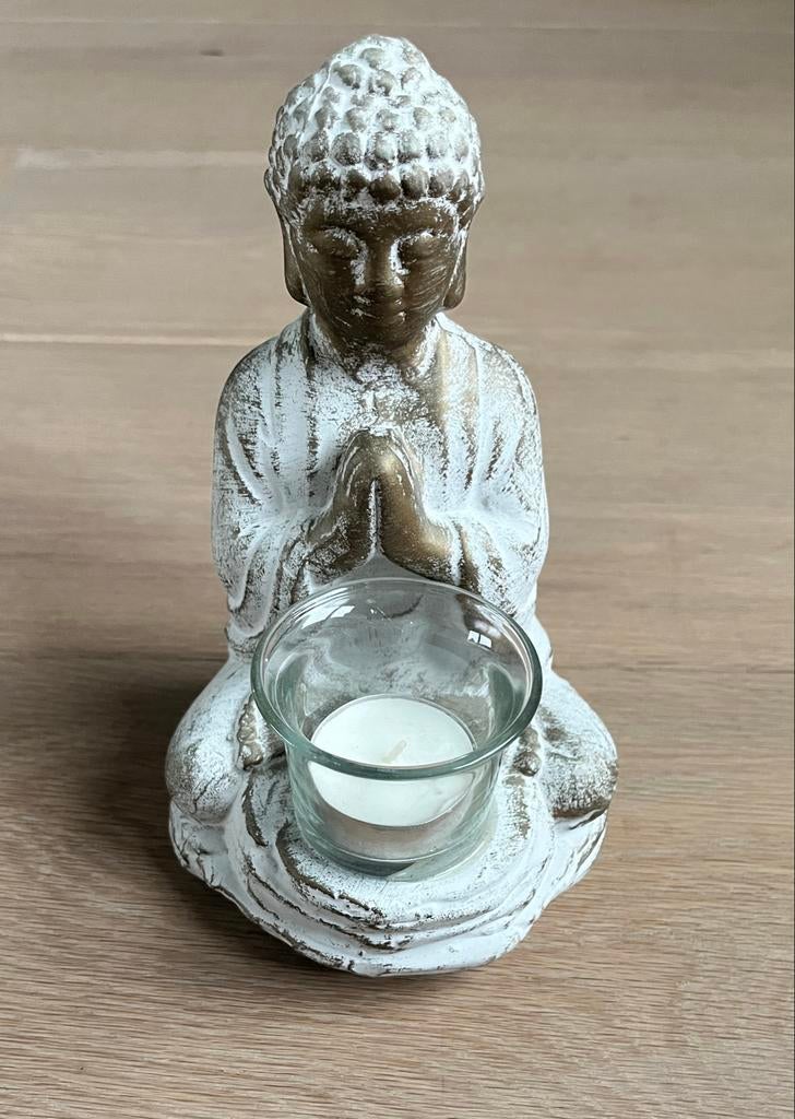 Boeddha beeldje met waxinelichthouder – wit & goud, Ophalen of Verzenden, Zo goed als nieuw
