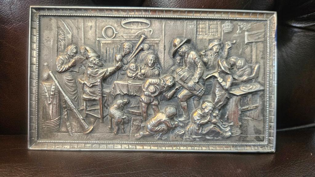 Antiek verzilverd plaquette met feestscène Jan Steen, Antiek en Kunst, Ophalen of Verzenden