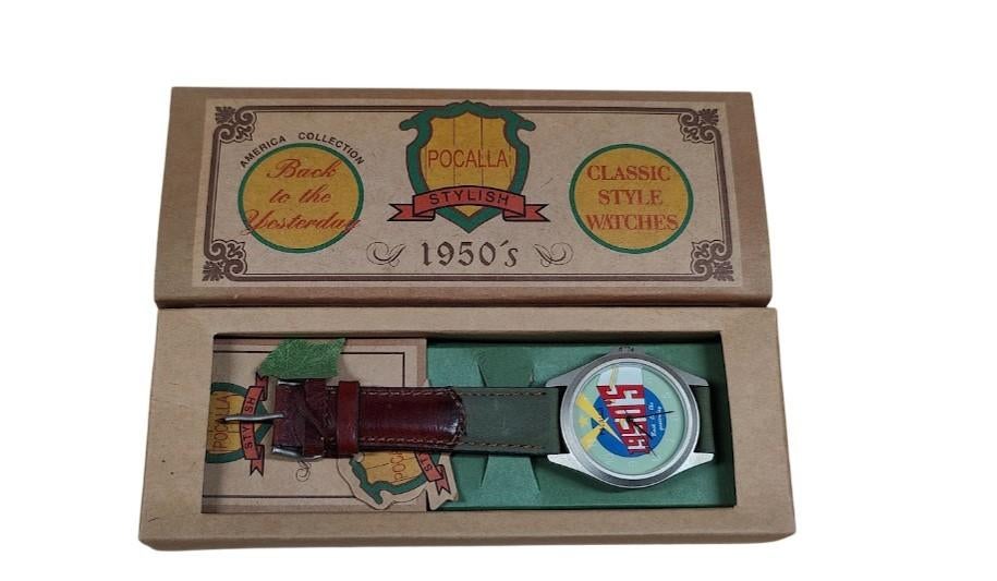 Retro Horloge '1950's Track to Yesterday' - Nieuw in doo, Overige merken, Overige materialen, Leer, Polshorloge