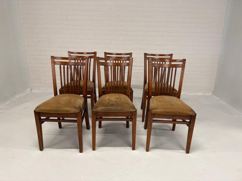 Set van 6 Bannink houten stoelen met leren zitting, Ophalen