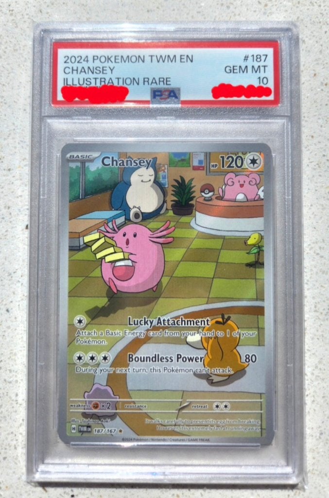 Chansey 187 PSA 10 Illustration Rare Twilight Masquerade, Ophalen of Verzenden, Zo goed als nieuw, Losse kaart