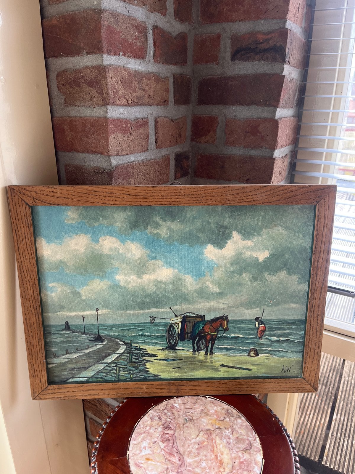 Vintage Schilderij: Paard en Wagen aan Zee, Antiek en Kunst, Maritiem / water, Doek, Ophalen of Verzenden, Olieverf