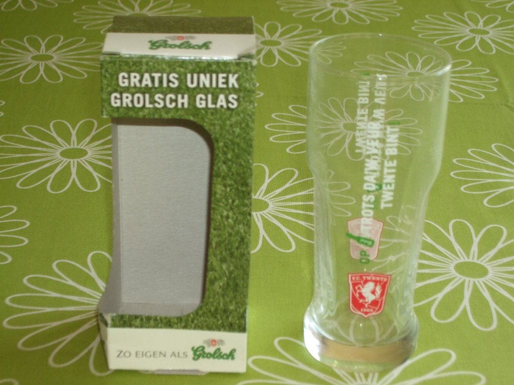 Grolsch glas + doos FC Twente - Trots da'w veur Twente bint, Verzamelen, Ophalen of Verzenden, Zo goed als nieuw, F.C. Twente