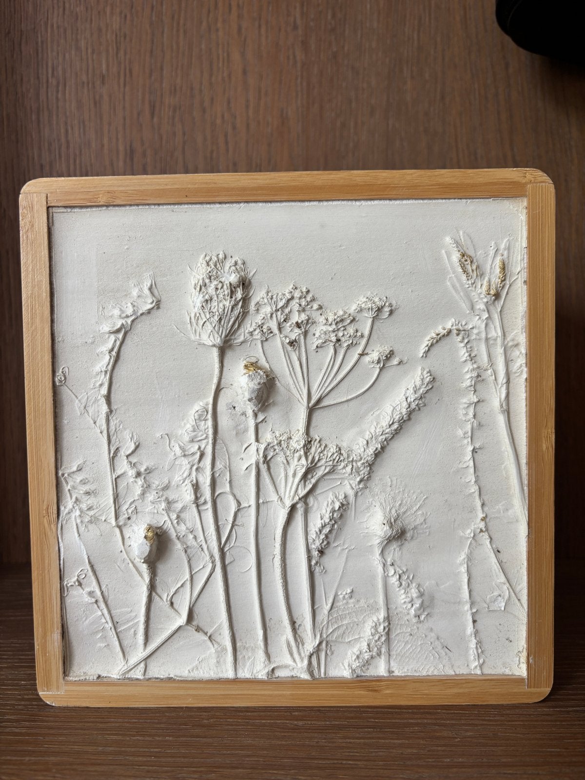 Wanddecoratie met gedroogde bloemen in bamboe lijst, Hout, Ophalen of Verzenden, Wit, Botanisch
