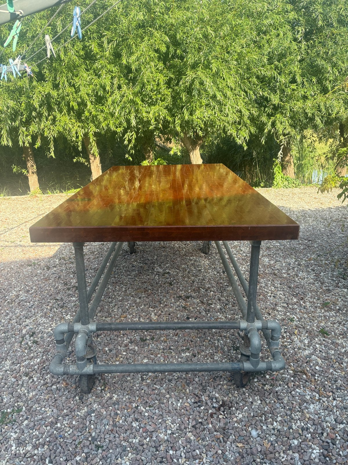 Robuuste industriële tafel op wielen/ biertafel, Ophalen, Gebruikt, 100 tot 150 cm, 200 cm of meer
