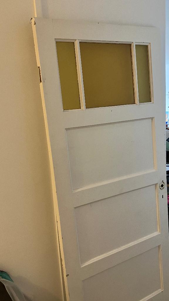 Bruynzeel Jaren 30 paneeldeur met amberkleurig glazen, Ophalen, Gebruikt, 80 tot 100 cm, Binnendeur