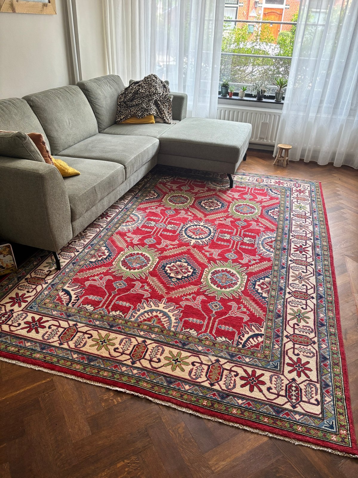 Perzisch tapijt - Rood met traditioneel Kazak patroon, Ophalen, 200 cm of meer, Zo goed als nieuw, 200 cm of meer