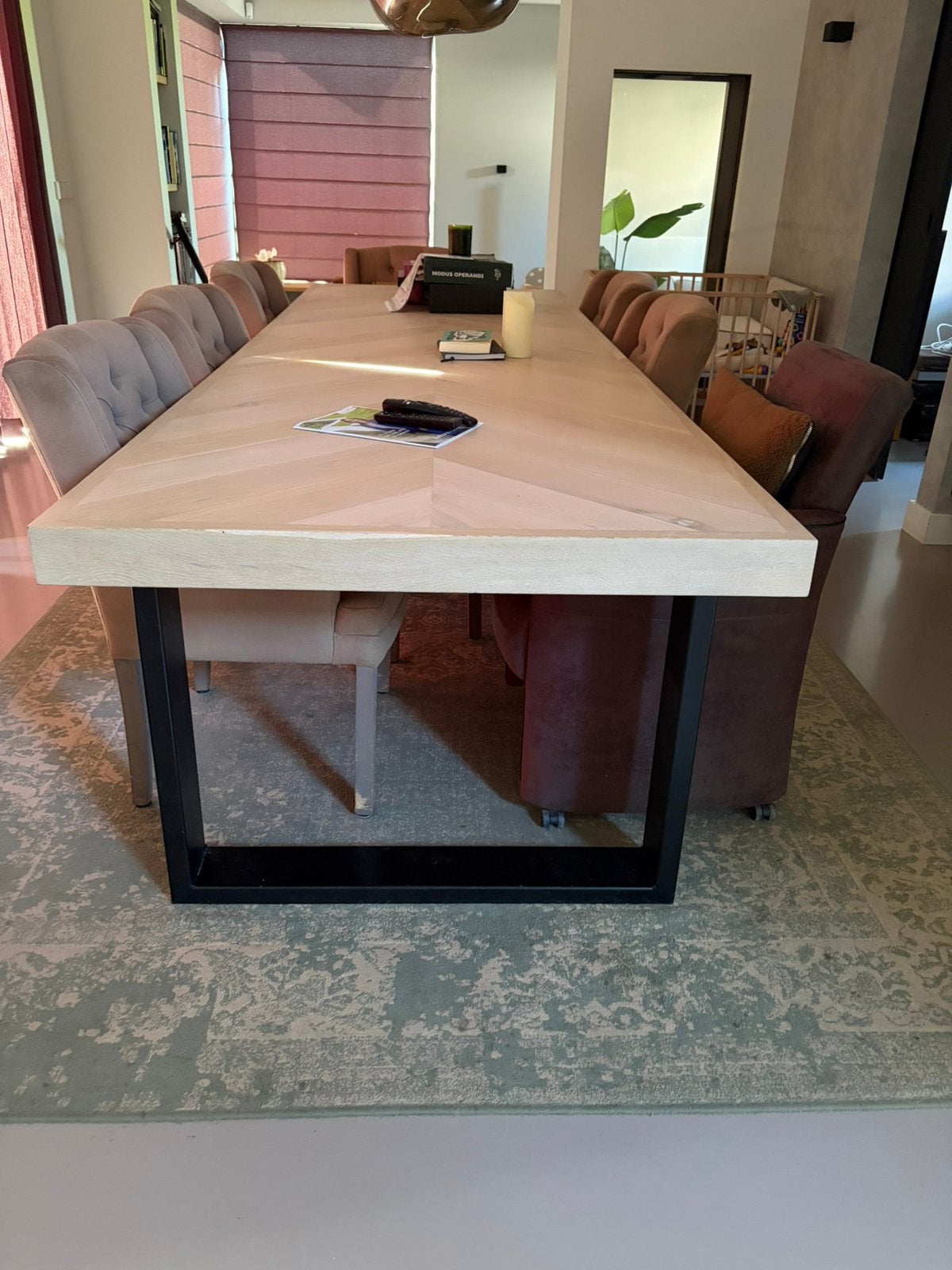 Houten Eerkamertafel Hongaarse punt 3 bij 1 m 8cm dik, Huis en Inrichting, Ophalen, 100 tot 150 cm, Hongaarse Punt, Eikenhout