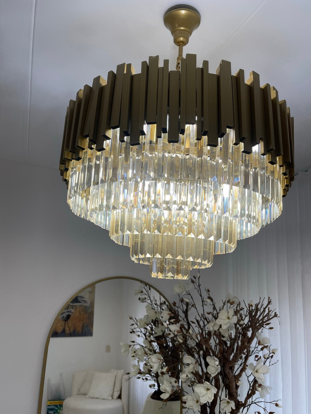 Luxe gouden hanglamp 3 stuks, Rond, Zo goed als nieuw, Goud, Ophalen