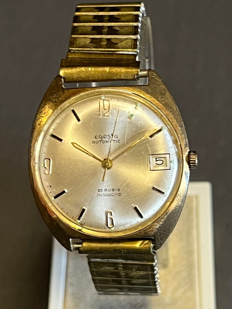 Egosta Automatic 25 Rubis Incabloc 35mm Verguld, Overige merken, Staal, Polshorloge, Met bandje