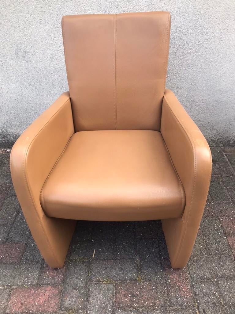 Bruin/beige leren fauteuil, Huis en Inrichting, Fauteuils, Ophalen, Gebruikt, 50 tot 75 cm, Leer