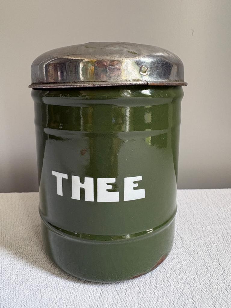 Vintage Groene Emaille Theebus met Aluminium Deksel, retro., Antiek en Kunst, Antiek | Emaille, Ophalen of Verzenden