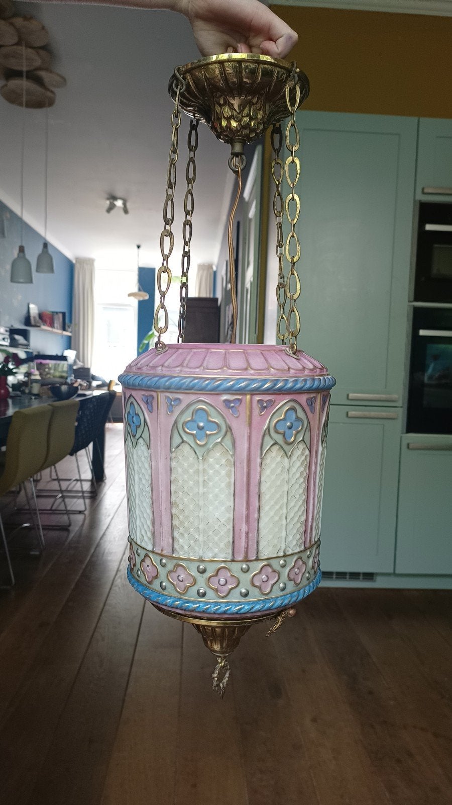 Art Deco Hanglamp - Roze en Blauw Glas, Italiaans, Ophalen of Verzenden