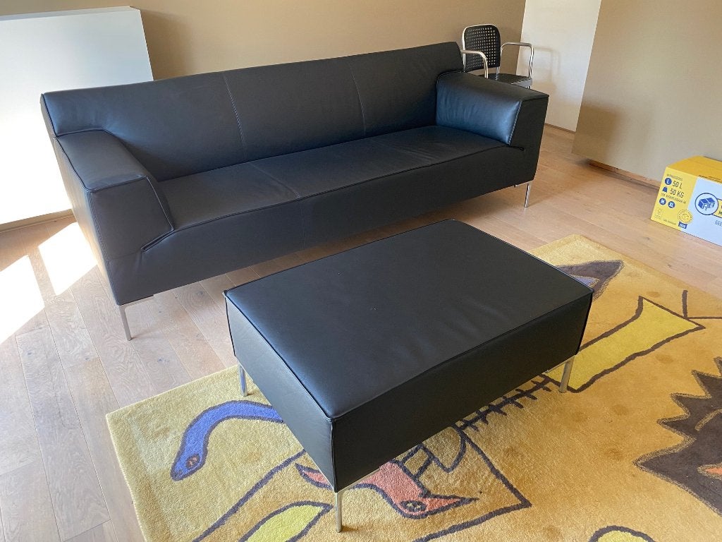 Design on Stock Bloq bank 3 - zits, zwart leer Boca met poef, Huis en Inrichting, Ophalen, Leer, 100 tot 125 cm, Driepersoons