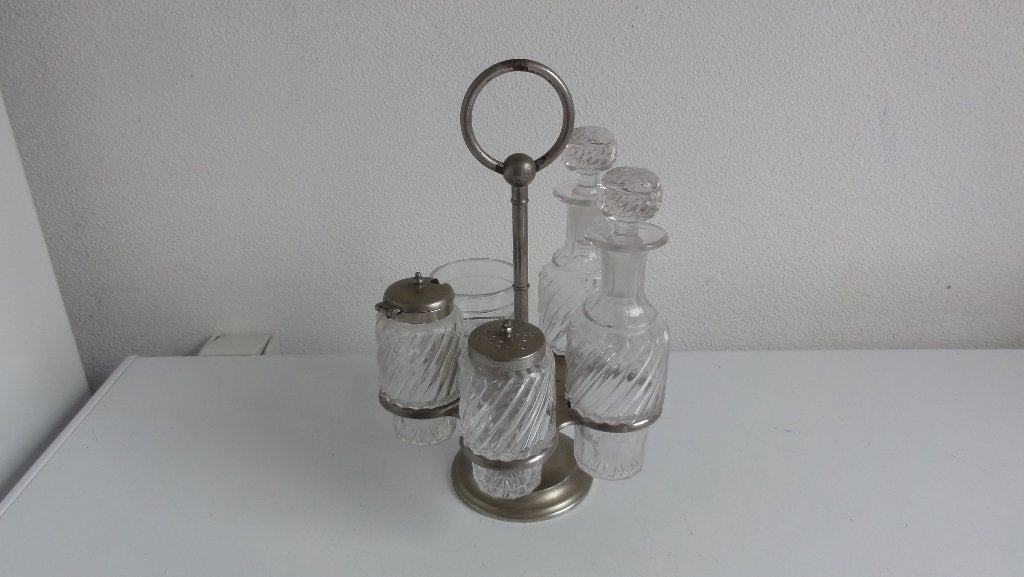Peper, zout, olie, azijn en mosterdstel, menage 5 delig, Antiek en Kunst, Ophalen of Verzenden