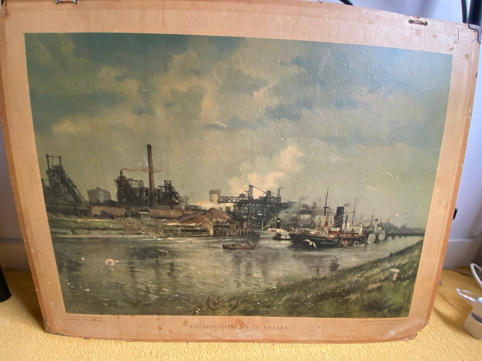 De Hoogovens te Velsen - Klassiek industrieel schilderij, Antiek en Kunst, Ophalen, Maritiem / water, Doek, Olieverf