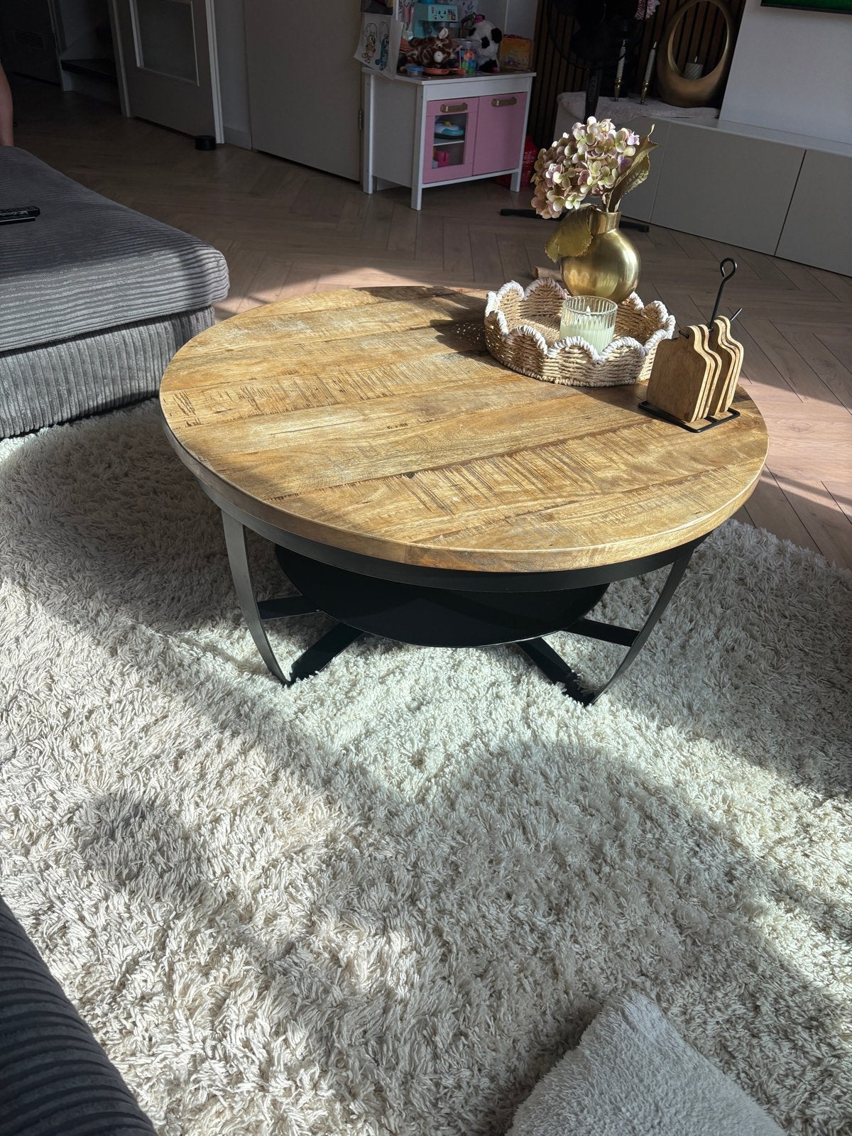 Ronde salontafel van mangohout en metaal, Ophalen, Gebruikt, Rond, 50 tot 100 cm