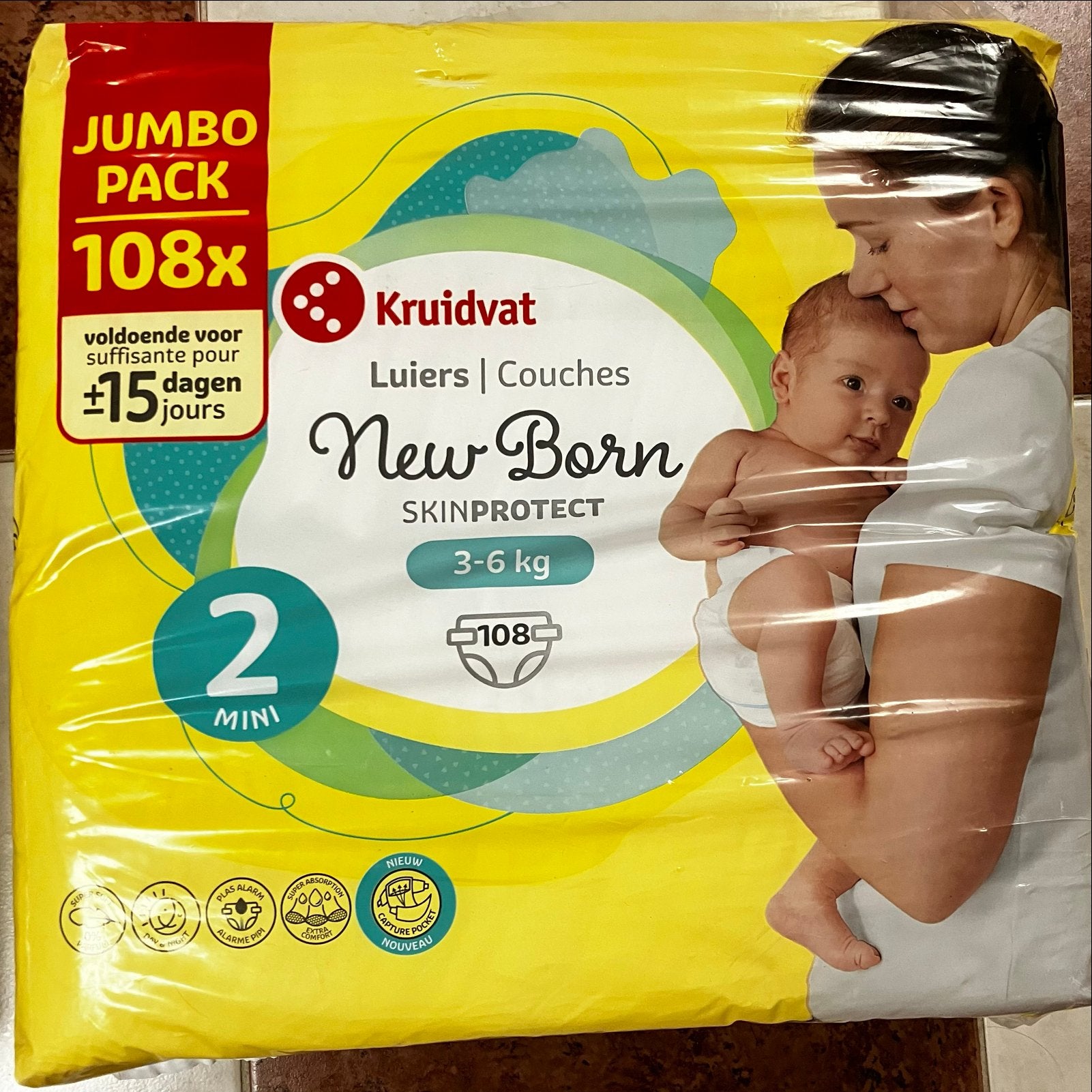 Kruidvat New Born Luiers Maat 2 Mini (3-6 kg) - 108 stuks, Ophalen of Verzenden, Nieuw