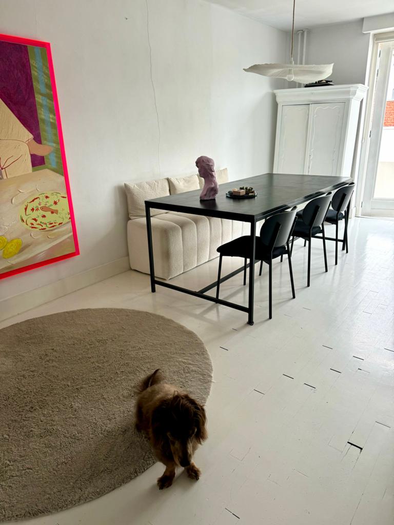 Industriële eettafel met 3 stoelen en bankje, Gebruikt, 50 tot 100 cm, Ophalen of Verzenden, Vijf personen of meer