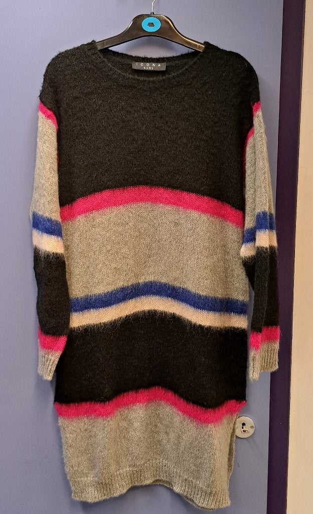 Icona kaos harige mohair jurk zwart roze grijs 44-46 44793