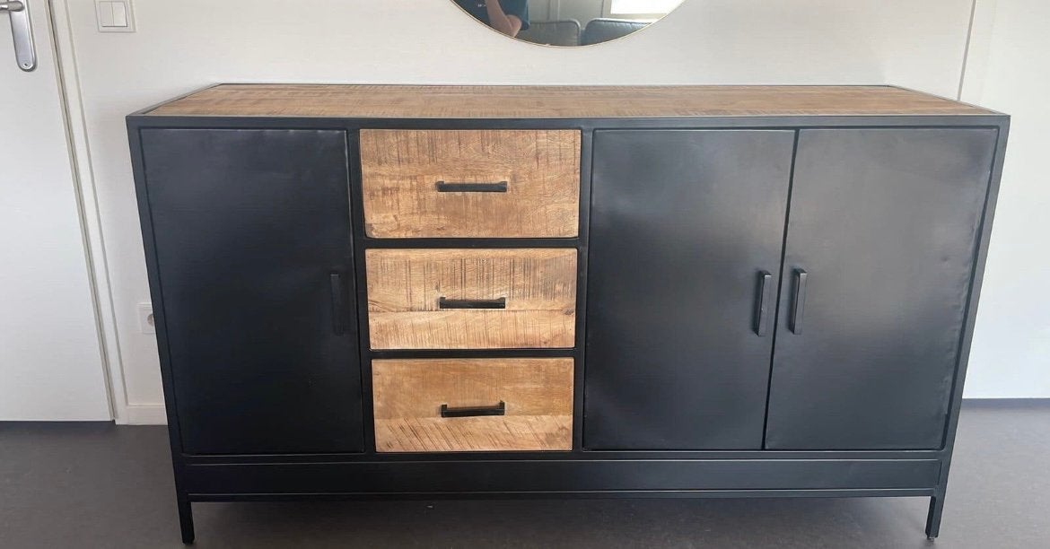 Dressoir Kirby 180 cm - Mango Hout & Metaal, Ophalen, 150 tot 200 cm, Zo goed als nieuw, Metaal