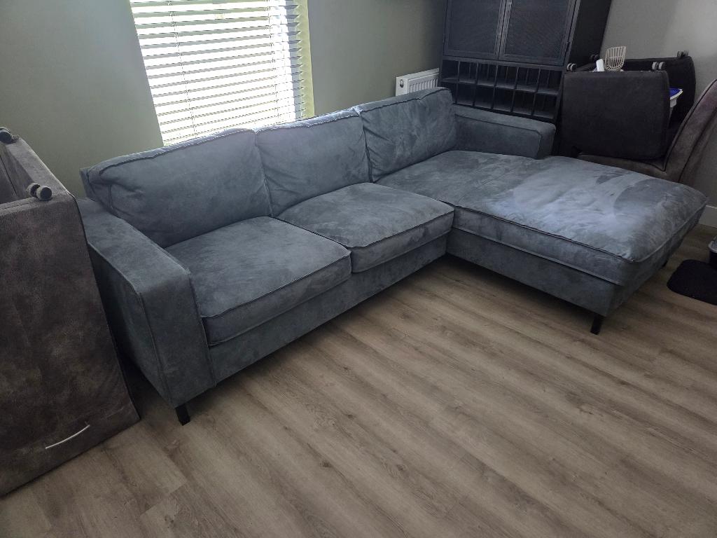Comfortabele grijze/blauwe hoekbank met loungegedeelte, Ophalen, 250 tot 300 cm, Gebruikt, Industrieel, modern