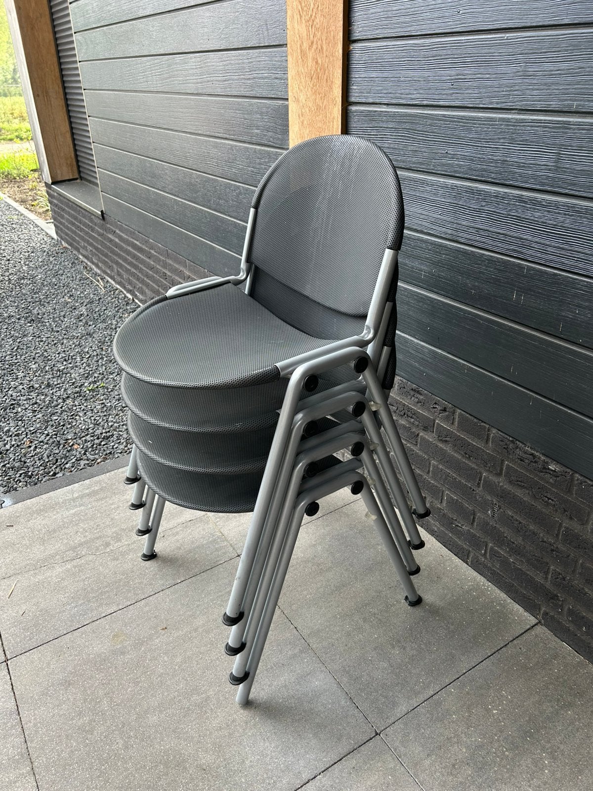 4 metalen stapelbare terrasstoelen, Ophalen, Gebruikt, Metaal
