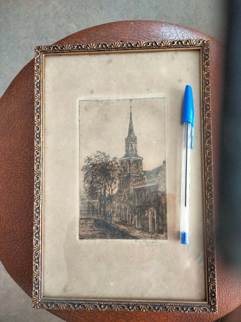 Ets van Eugene Rensburg van de  vrouwentoren in Gouda., Antiek en Kunst, Kunst | Etsen en Gravures, Ophalen of Verzenden, Architectuur
