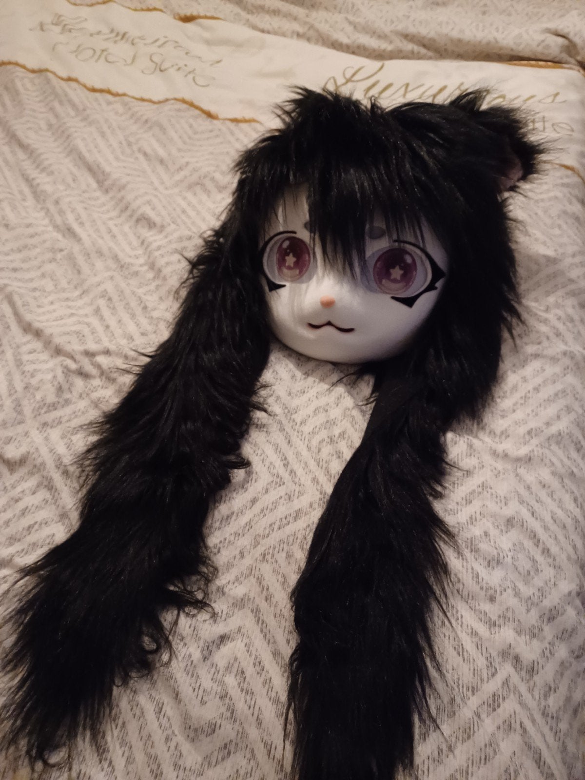 Furry Hoofden Masker met Oren en Lange Zwarte Haren, Hobby en Vrije tijd, Kostuums, Theaterbenodigdheden en LARP, Ophalen of Verzenden