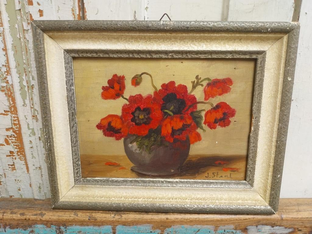 Brocant schilderij op hout klaprozen, Ophalen of Verzenden