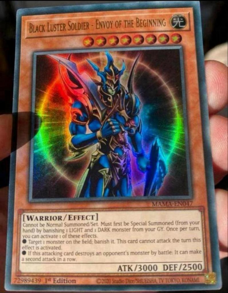 Yu-Gi-Oh! Black Luster Soldier Envoy of the Beginning MAMA !, Ophalen of Verzenden, Gebruikt, Losse kaart, Foil
