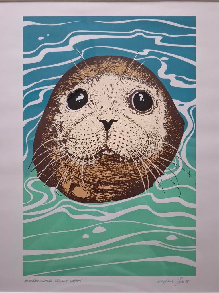 Poster zeefdruk Zeehond Wadden in alu lijst, Ophalen, Minder dan 50 cm, Foto of Poster, Minder dan 50 cm