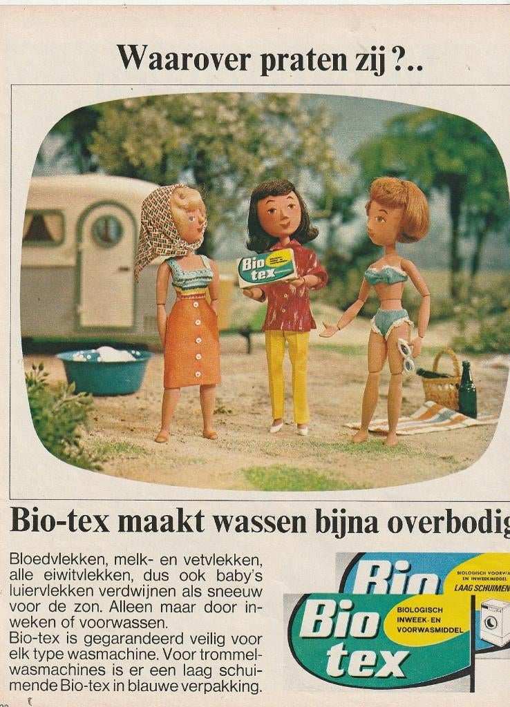 Retro reclame 1969 Biotex wasmiddel poppetjes camping, Verzamelen, Verzenden, Overige typen