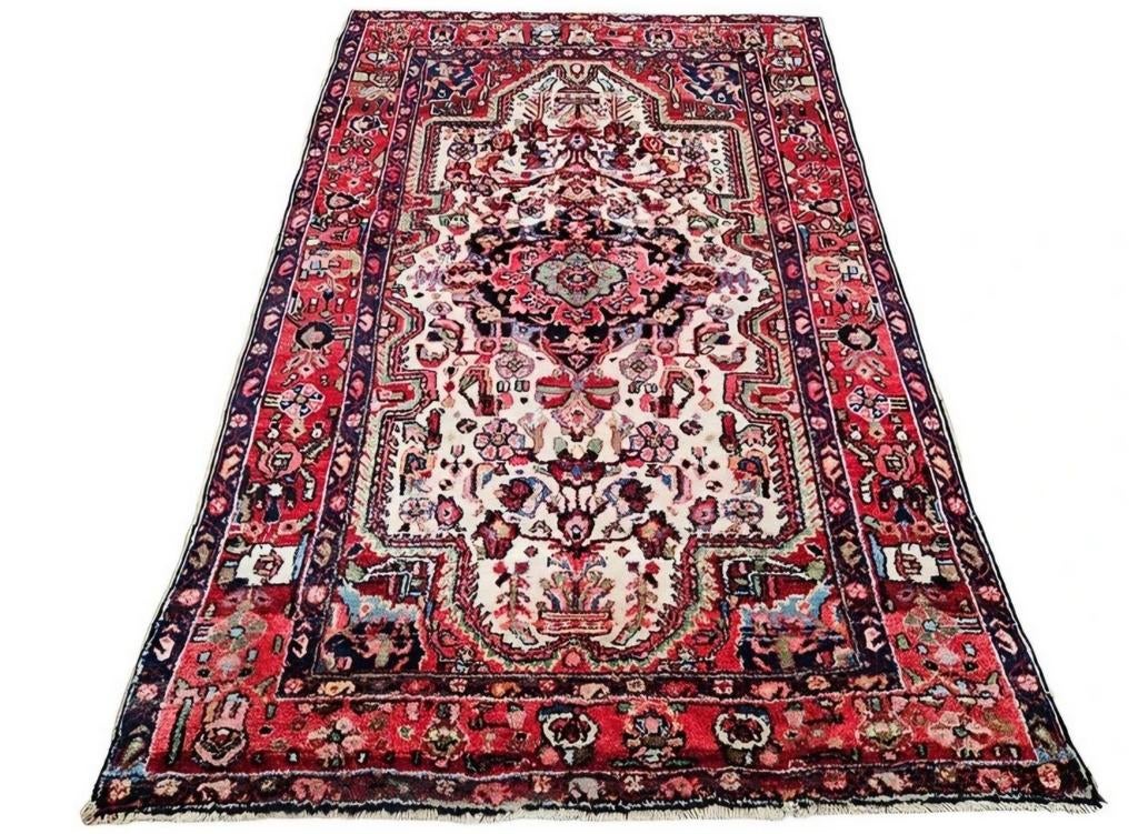 Handgeknoopt Perzisch wol Hamadan tapijt medallion 145x223cm, Gebruikt, 100 tot 150 cm, Crème, 200 cm of meer