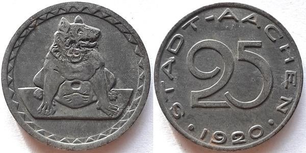Noodmunt Aachen 25 pfennig 1920 Berin Medailleslag type 1, Postzegels en Munten, Munten | Europa | Niet-Euromunten, Duitsland