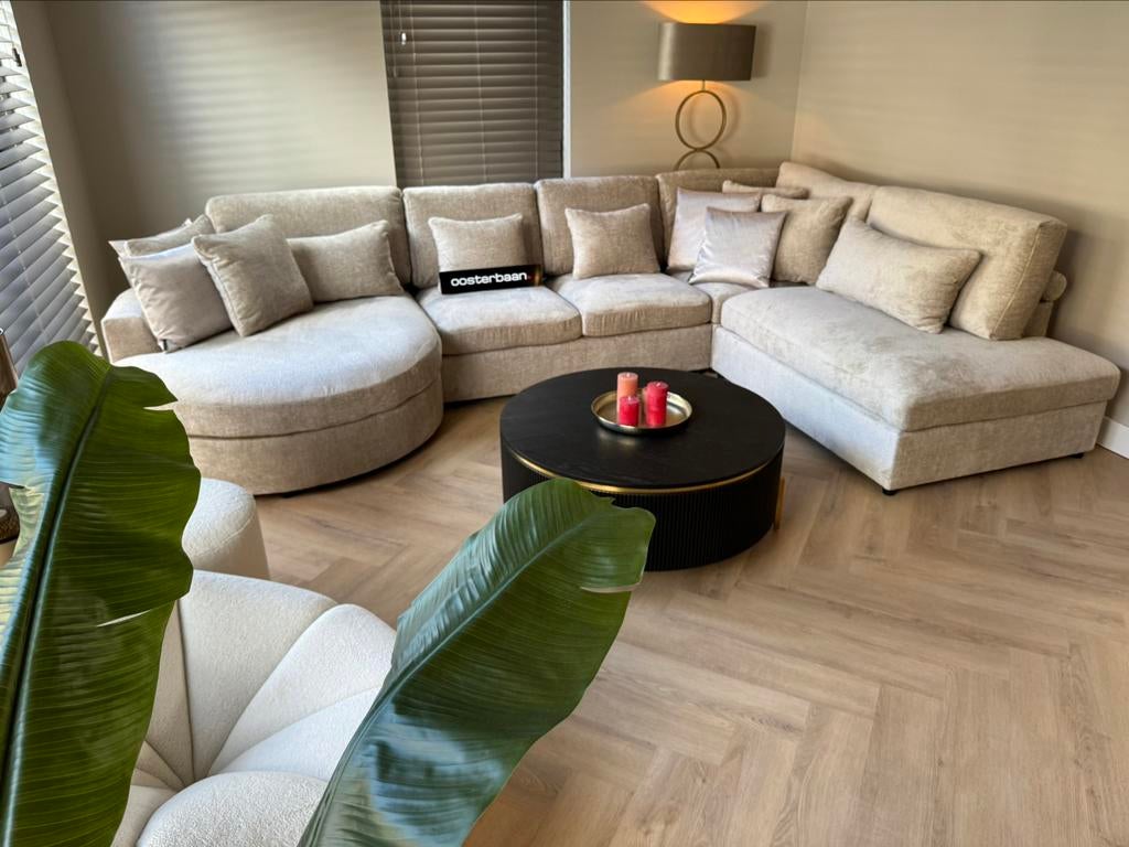 Luxe Velvet Teddy U-Bank Nepal Round 180x375x250cm Beige NEW, Huis en Inrichting, Banken | Bankstellen, Oosterbaan, Info@oosterbaanwonen.nl