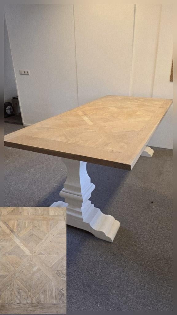 Massief eiken kloostertafel 220x100 IngelegdKasteelvloerblad, Ophalen, 100 tot 150 cm, EigenMeubelmakerij@EigenMeubelmakerij.nl